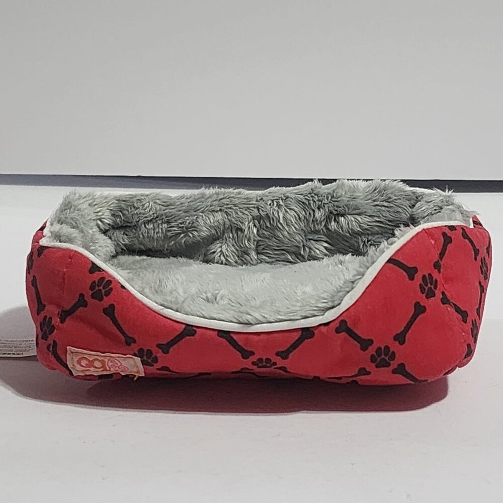 OG Our‎ Generation Battat Red & Black Bones Paws Pet Dog Bed Gray Plush 4"x6"x2"